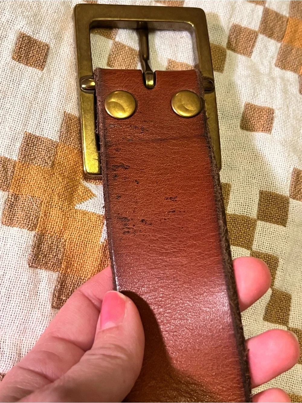Lucky Brand brown woven leather studded belt men’s size 32 chunky brass buckle